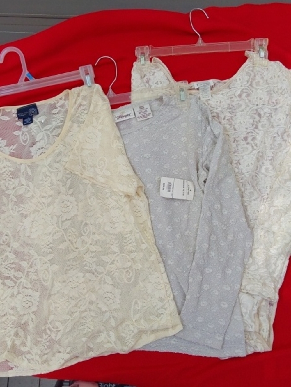 Lace Overlay Tops Trio in Ivory, Cream, Light Gray.